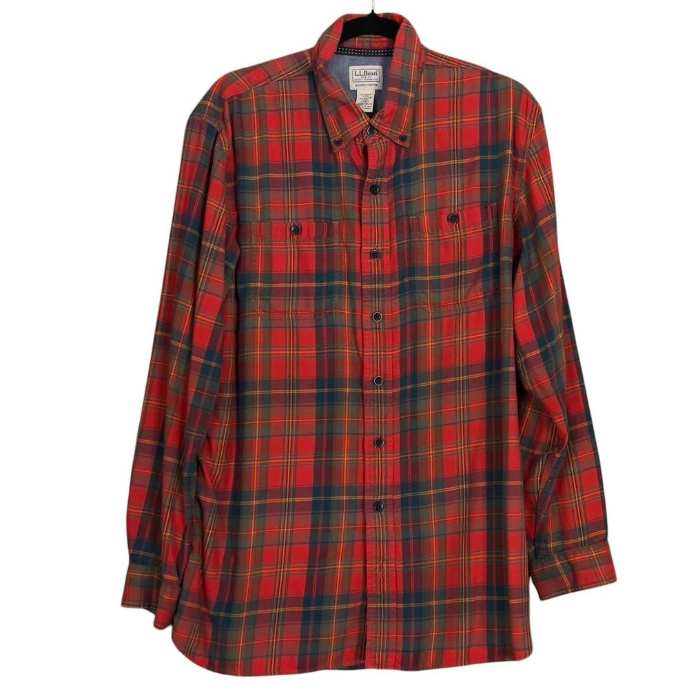 L.L. Bean Slightly Fitted Plaid Flannel Shirt Mens L-Tall Red Green Gold Plaid
